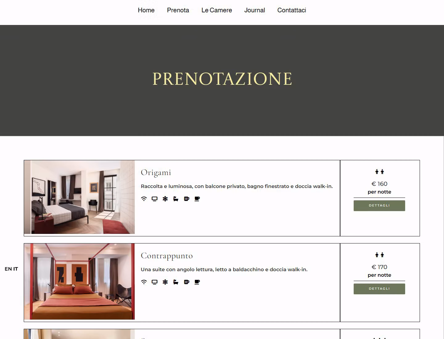 La vecchia pagina di prenotazione: il titolo «Prenotazione» su una fascia grigia e l'elenco delle camere